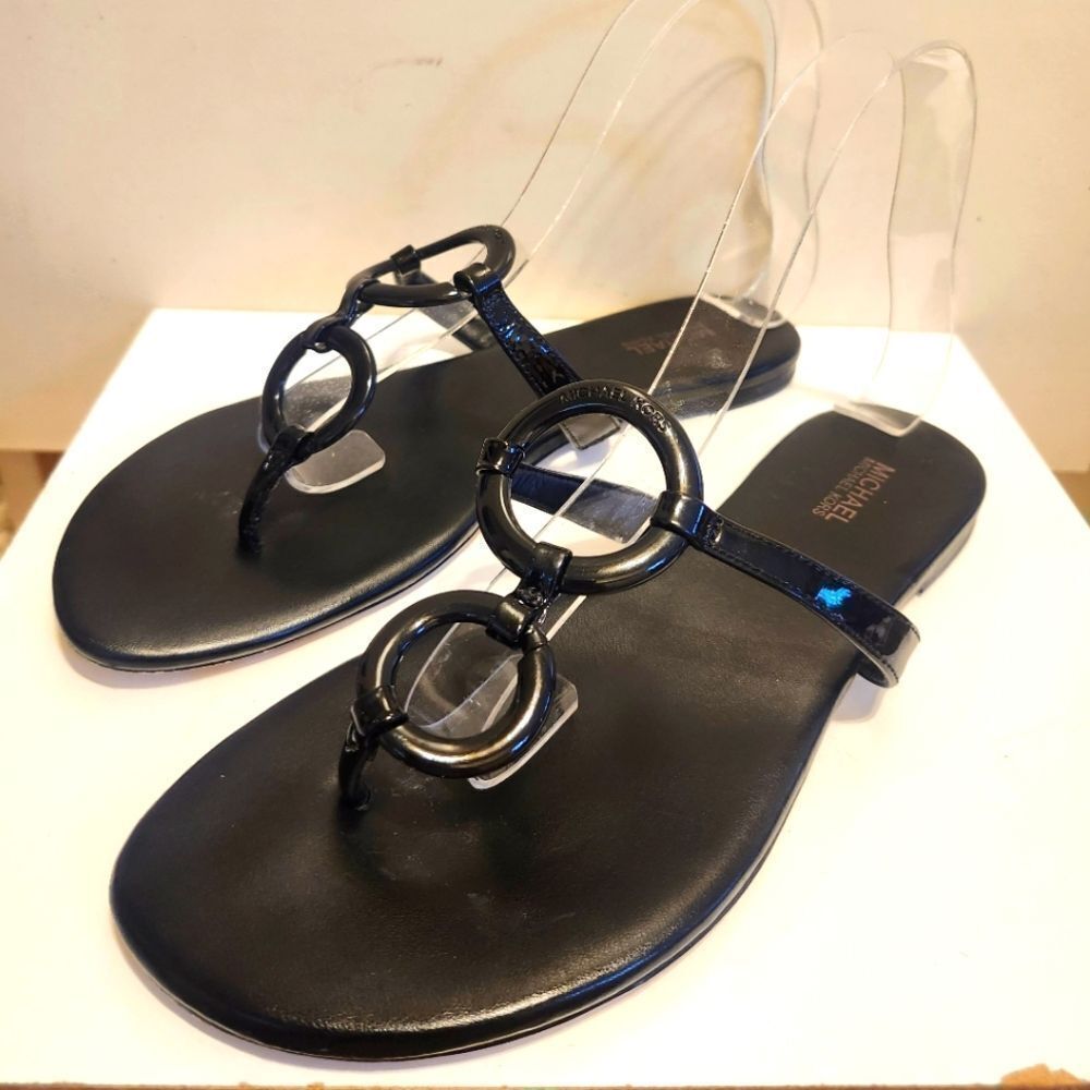 Michael Michael Kors "Claudia" Black Leather O-Ring Thong Flat Sandals Sz.8 $135